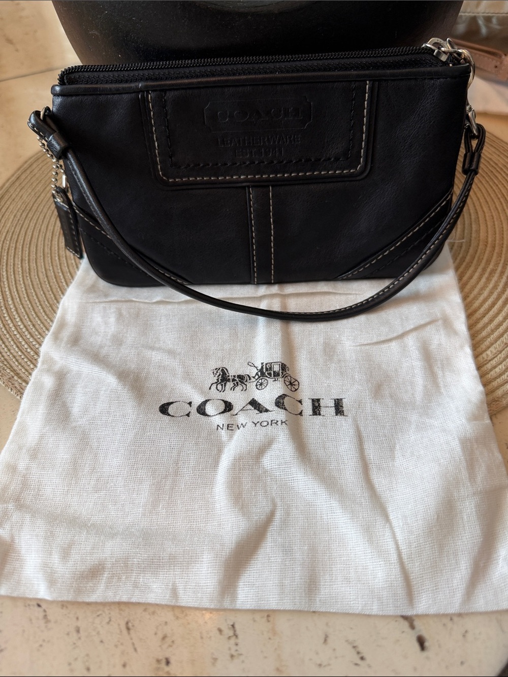 Coach Vintage Leatherware Black Leather Wristlet with Contrast Stitching & Tag